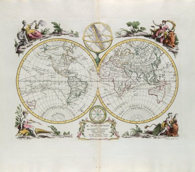 Világtérkép és a földgömb általános leírása, G. Zuliani metszet, amelyet Antonio Zatta 1774-ben Velencében kiadott Legújabb Atlasz I. toméjából vett alkotó: G. Zuliani