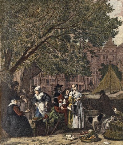 Az amszterdami gyógynövénypiac. 19. századi metszet Gabriel Metsu (1629-1667) festménye után. alkotó: Gabriel (after) Metsu