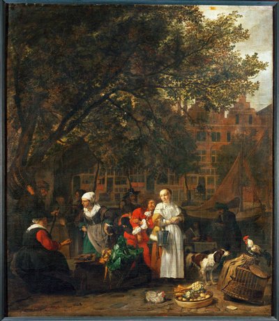 Zöldségpiac Amszterdamban, Hollandia ... alkotó: Gabriel (attr. to) Metsu