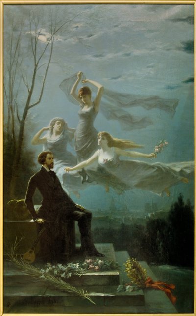 Romantika: „Musset éjszakái”” Alfred de Musset (1810-1857) francia költőt a múzsák inspirálják az „Éjszakák” megírásához. Gabriel Aimable de la Foulhouze (1825-1887) festménye. 1886 Olaj, vászon Clermont Ferrand (Clermont-Ferrand). Roger alkotó: Gabriel-Amable de Lafoulhouze