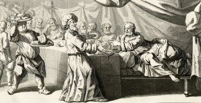 Jézus meghívást kapott vacsorára a farizeussal, illusztráció Szent Lukács evangéliumából, 11:37, 1728 alkotó: Gabriel Francois Louis Debrie