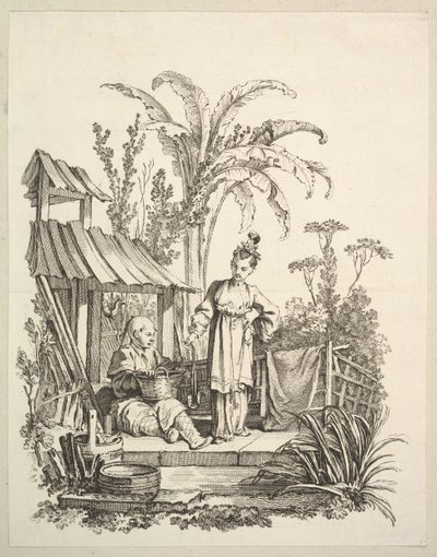 Egy ülő kínai férfi és egy halat hordozó nő, kb. 1742. alkotó: Gabriel Huquier