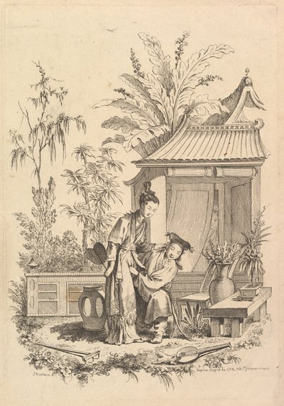 Chinoiserie jelenet alakokkal egy tájban, 18. század. alkotó: Gabriel Huquier