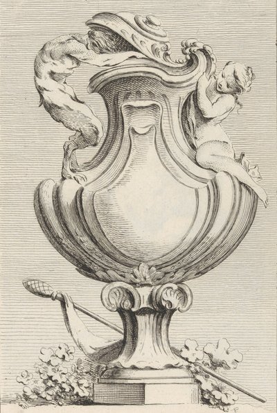Faunnal és nimfával ellátott váza terv, Livre de Vases Vázák könyve, 1... tábla, 1742-50. alkotó: Gabriel Huquier