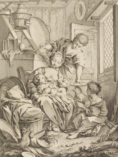 1. tábla: Fiatal nő táplálja csecsemőjét, Premier Livre de Subjects et Pastorales Fi..., 1720-72. alkotó: Gabriel Huquier