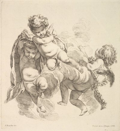 Három gyerek a felhők között drapériát cipelve, 1738-45. alkotó: Gabriel Huquier