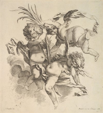 Három gyerek a felhők között egy pálmalevél közelében, 1738-45. alkotó: Gabriel Huquier