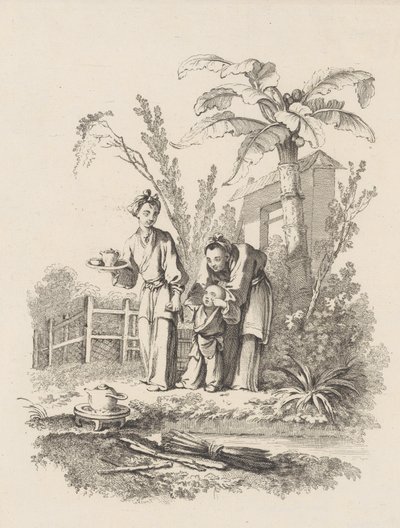 Két nő egy gyereket egy teáskanna felé vezet egy asztalon egy tó közelében, kb. 1742. alkotó: Gabriel Huquier