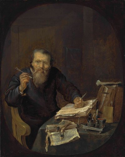 Egy közjegyző élesíti a tollát, egy belső térben. alkotó: Gabriel Metsu