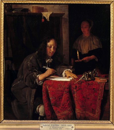 Az író. A szolga gyertyát tart, hogy az írónak legyen fénye, hogy írhasson. alkotó: Gabriel Metsu