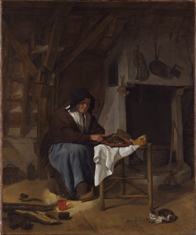 Idős nő az étkezésnél egy belső térben alkotó: Gabriel Metsu