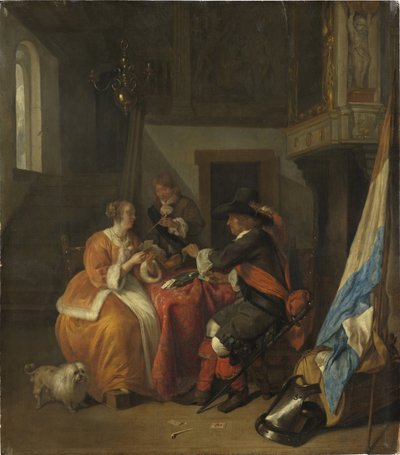 Kártyajáték – Kártyajáték, Metsu, Gabriel (1629-1667). olaj a fára alkotó: Gabriel Metsu