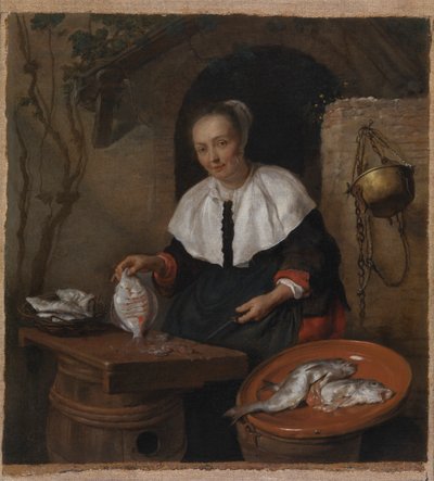 Nő tisztító halak alkotó: Gabriel Metsu
