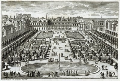 Kilátás a párizsi Parc du Palais Royalra. Perelle metszete, 17. század vége. alkotó: Gabriel Perelle