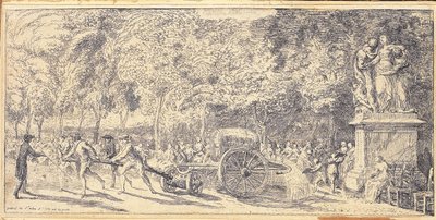 Hordót húzó alakok egy kocsin a Tuileriák kertjében, 1760 alkotó: Gabriel de Saint Aubin