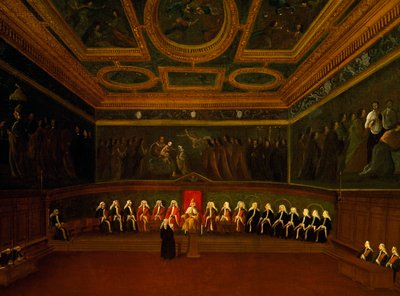 A velencei Tízek Tanácsának terme, Gabriel Bella (1730-1799), olaj, vászon, 94x147 cm, Olaszország alkotó: Gabriele Bella