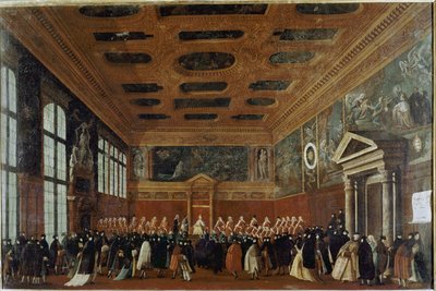 Nagykövetek fogadása a Collegióban (Velence, nagykövet fogadása a Collegióban) - Gabriele Bella (kb. 1730-1799) festménye, olaj, vászon, 99x150 cm. Velence, Querini Stampalia Alapítvány alkotó: Gabriele Bella