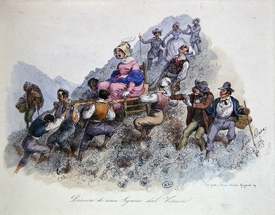 A Vezúvról leszálló turista, 1830 körül (színes litó) alkotó: Gaetano (after) Dura