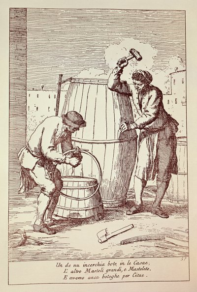 Coopers munka közben, Gaetano Gherardo Zompini (1700-1778) metszete a Velencei város mindennapi életének művészetéből, Olaszországból alkotó: Gaetano Zompini