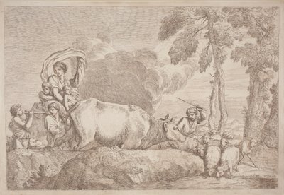 Egy nő két gyerekkel lóháton alkotó: Gaetano Zompini, after Giovanni Benedetto Castiglione