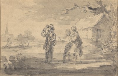 Táj három figurával, házikóval és templomtornyal alkotó: Gainsborough Dupont