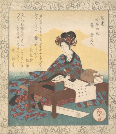 Kínai hölgy asztalnál ül, ódát komponál, 1835. alkotó: Gakutei