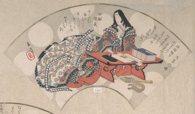 Udvarhölgy az íróasztalánál a tavaszi esőgyűjteményből Harusame shu, vol. ..., kb. 1820-as évek. alkotó: Gakutei