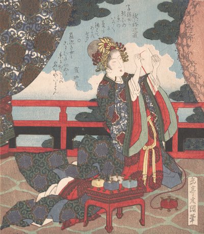 Lady Threading Needle a verandán, 19. század. alkotó: Gakutei