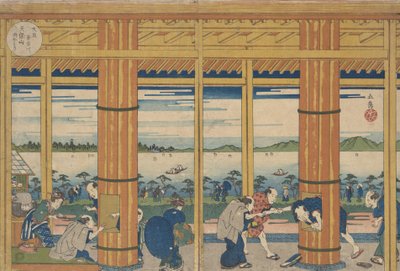 Zuhanyzós menedékhely a Tempozan-öböl partján, 1838. alkotó: Gakutei