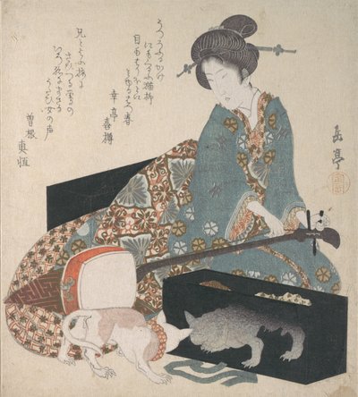 Shamisent hangoló nő és egy macska, aki a saját tükörképét nézi, 1820-as évek közepe. alkotó: Gakutei