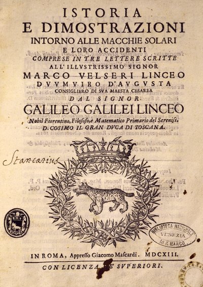 A Történelem és bemutatók címlapja a napfoltokról és tulajdonságaikról alkotó: Galileo Galilei