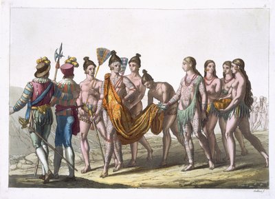 Az indián özvegyek felkeresik a főnöküket, hogy újraházasodhassanak, Jules Ferrario „Le Costume Ancien et Moderne” 57. lemeze, az 1820-as és 30-as évek körül megjelent. alkotó: Gallo Gallina