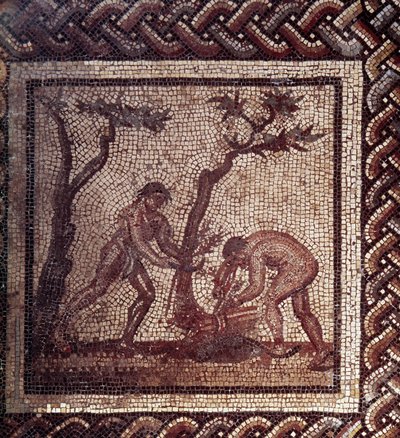 Gallo római művészet: rusztikus naptárt ábrázoló mozaikburkolat. A nádfedeles jelenet. 2. vége, 3. század eleje JC után. Saint-Romain-en-Galból (Rhone). Saint Germain en Laye, Nemzeti Régészeti Múzeum alkotó: Gallo Roman