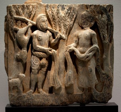 Cserélj ruhát egy vadászral. Alacsony domborműves faragott, Gandhara művészete (Pakisztán), 2-3. század. Koreai Nemzeti Múzeum, Szöul (Dél-Korea). alkotó: Gandhara School