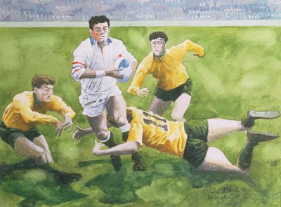 Rögbi-mérkőzés: Anglia–Ausztrália a világbajnokság döntőjében, 1991, Will Carling elleni küzdelem (wc) alkotó: Gareth Lloyd Ball