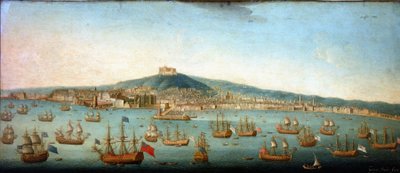 A nápolyi öböl látképe Byng admirális flottájával a horgonyon alkotó: Gaspar Butler