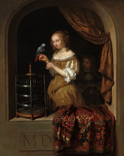 Egy nő, aki papagájt etet, lappal, 1666. alkotó: Gaspar Netscher
