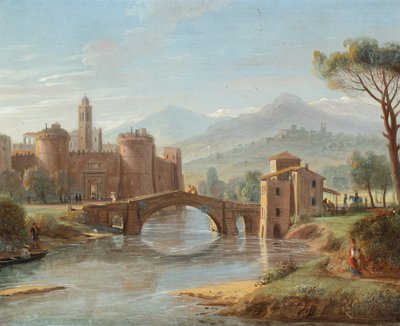 Folyami tájkép egy erődített városba vezető híddal (olaj, réz) alkotó: Gaspar van (1653-1736) Wittel