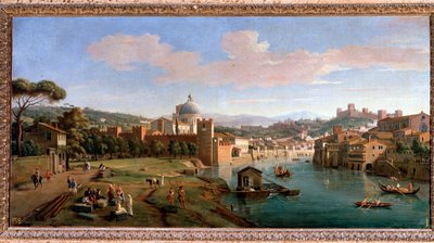 Verona látképe és az Adige folyó partja - Festmény, XVII-XVIII. század vége alkotó: Gaspar van Wittel