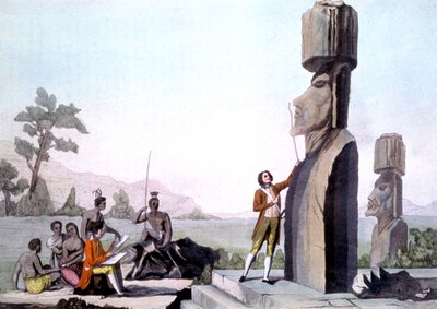 La Perouse legénységével, a Húsvét-szigeti szobrok mérése (1786), metszet alkotó: Gaspard (after) Duche de Vancy