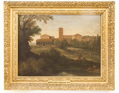 Klasszikus táj egy birkanyájat vezető férfival alkotó: Gaspard Poussin Dughet