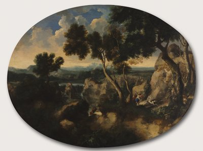 Sziklás táj vadászokkal, 1635 körül alkotó: Gaspard Poussin Dughet