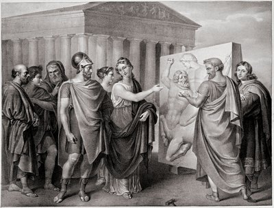 Periklész (Kr. e. 495-429) athéni politikus és társa Aspasie irányítja Phidias munkáját a Parthenon a Athenes számára (Periklész és Aspasia irányítja Phidias munkáját az athéni Parthenon számára) Metszet Gaspare Landi (1756-1830) festménye után. 19 alkotó: Gaspare Landi