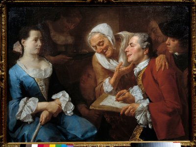 Egy festő és modellje, mögötte egy idős nő nyújtogatja a nyakát, hogy nézze a rajzolását. Gaspare Traversi (1732-1769) festménye 1754 V. 0,99x0,73 m alkotó: Gaspare Traversi