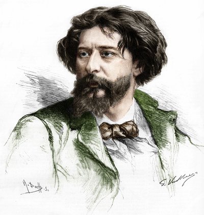 Alphonse Daudet (1840-1897) francia író portréja. A. Pochy metszete Gaston Vuillier nyomán, sd. század vége. alkotó: Gaston (after) Vuillier
