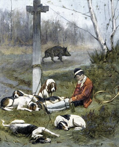 A vadász és álmos kutyái - Gaston Gelebert metszet alkotó: Gaston Gelibert