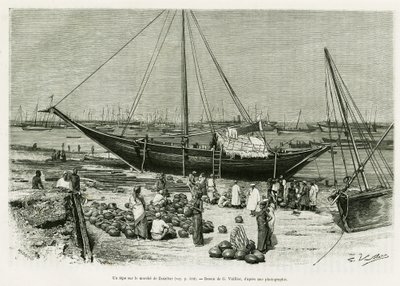 A zanzibári piacon (Tanzánia). G. Vuillier metszet, az 1882-ben és 1883-ban készült Utazás a Benadirok, Szomáliai és Bayounok között című történet illusztrálására, G. Revoil, in le tour du monde 1888, rendező: Edouard Charton (1807-1890), Hachette, Párizs. alkotó: Gaston Vuillier
