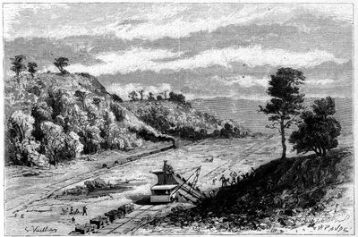 A Panama-csatorna építése - áthatol a Panama-szoroson: a Monkey Hill (Monkey-Hill) kotróhely általános képe. Vuillier metszete a "Le Monde Illustre"" 1309. sz. számában, 1882. április 29-én. alkotó: Gaston Vuillier