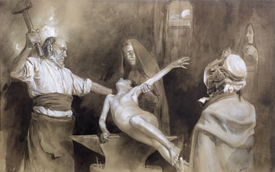 A lép kalapálása (ceruza és mosás papíron) alkotó: Gaston Vuillier