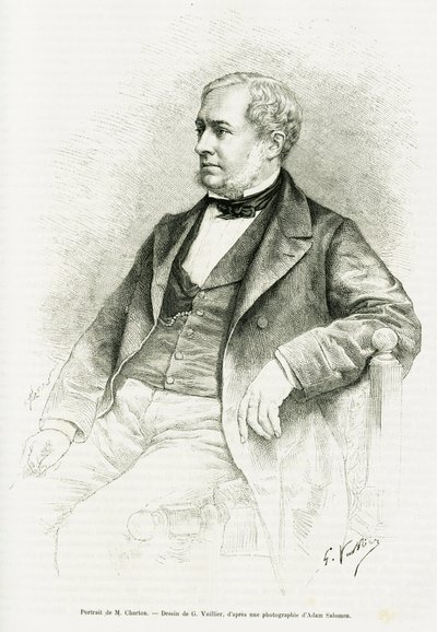 Edouard Charton portréja. G. Vuillier metszete Adam Salomon fényképe után, Paul Laffite M. Charton című cikkének illusztrálására in le tour du monde 1890, szerkesztette Edouard Charton (1807-1890), Hachette, Párizs. alkotó: Gaston Vuillier